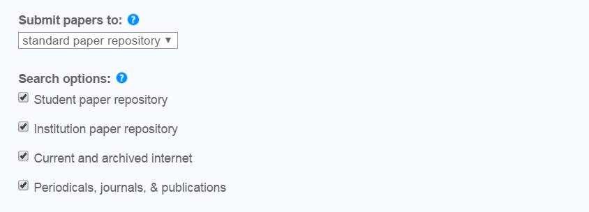Turnitin search options