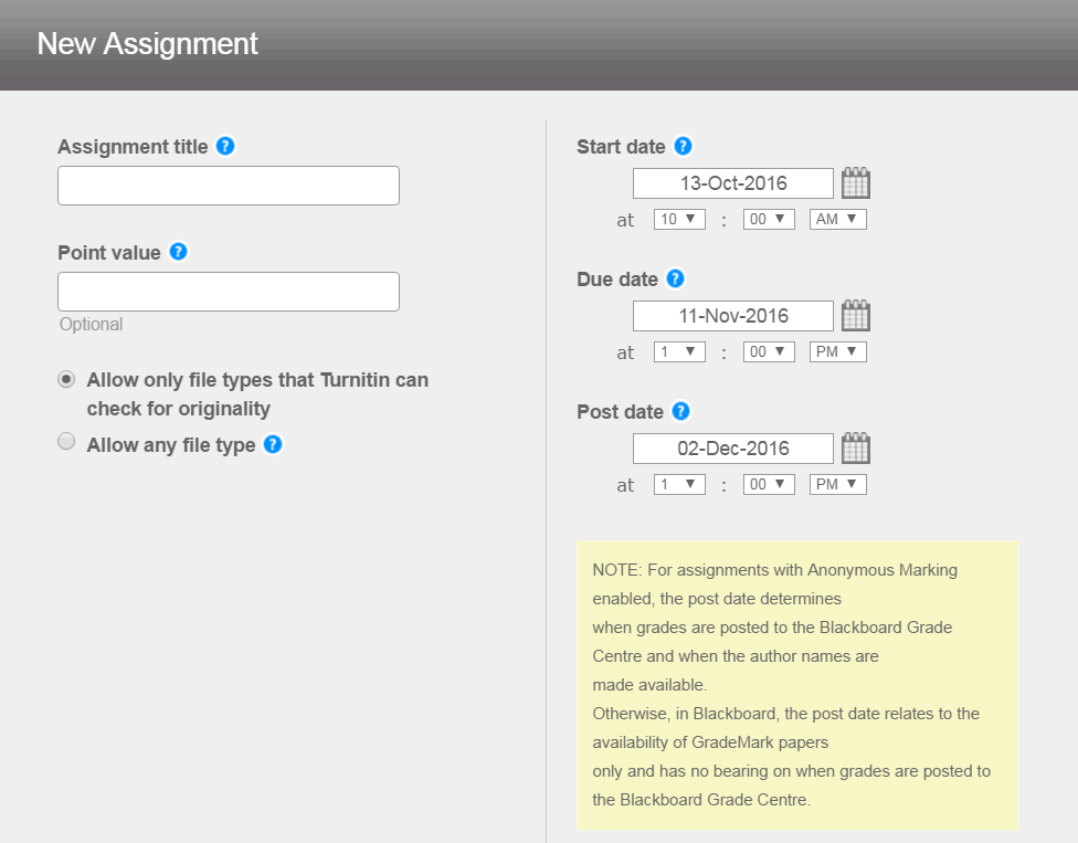 Turnitin assignment settings screenshot