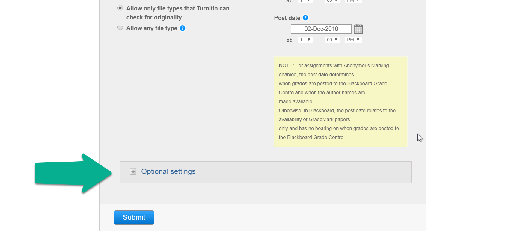 Turnitin optional settings